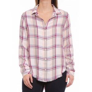 Cloth&Stone Fried Hem Plaid Pink Shirt